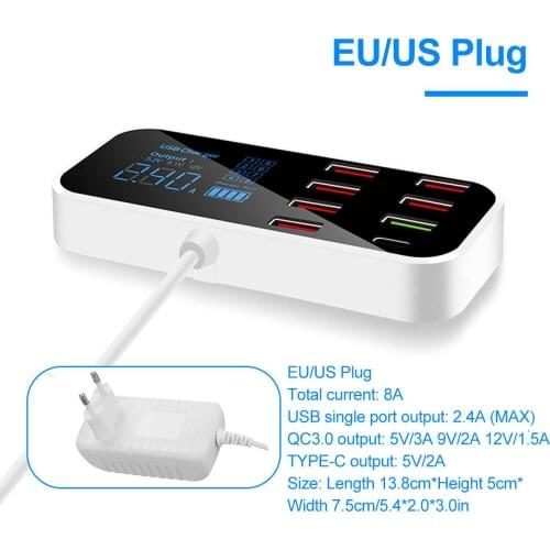 USB Phone Charger QC3.0 40W USB C Type C Fast Charger 8 Ports 2.4A Digital Display Charging Station Portable Travel Charger