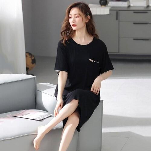 M-3XL Women O-Neck Modal Nightgown Summer New half Sleeve Nightdress Casual With Pocket Home Dress Loose Sleepwear Black Pajamas