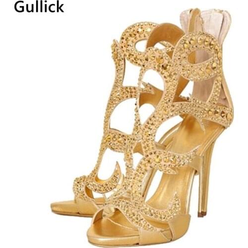 Gullick 2018 New Summer Woman Sandals Luxury Gold Crystal Sexy Hollow Out Woman Prom Dress Shoe 11.5 CM High Heels Back Zip Shoe