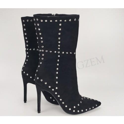 LAIGZEM FASHION Women Boots Studded Side Zipper High Heel Ankle Boots Rivets Botines Shoes Woman Ladies Mujer Big Size 34 45 47