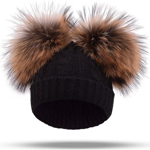 Women Pompon Hats Winter Knitted hat Girl Warm Nature Fur Pom Pom Hat Scarf Thick Wool Beanies Hats Caps Kids Baby Solid Bones