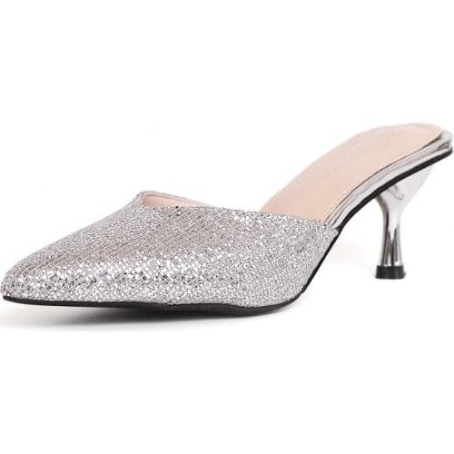 Womens Slippers 2019 Summer New Pointed Toe Fine Heel High Flip Flops Bling Sandals Women Outdoor Ladies Slides