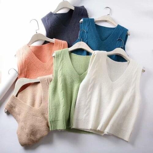 Korean Candy Color Knitted Vests For Women Casual Loose V-Neck Sleeveless Sweaters Short Coats Basic Solid Elastic Waistcoat