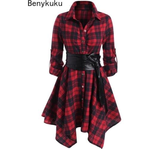 Gothic Casual Dress Women Red Plaid Belted Roll Tab Sleeve Handkerchief Dress Vestidos Autumn Long Sleeve A-Line Party Dress
