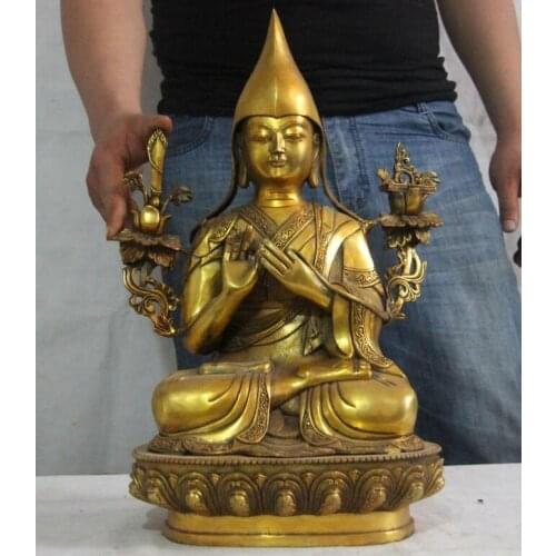 19 Tibet Buddhism Bronze Copper Gild Seat Lotus Je Tsongkhapa Buddha God Statue