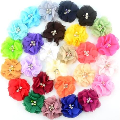 200pcs/lot 28 Colors DIY Chiffon Flowers with pearl and rhinestone Fabric Flowers for woman headbands Headwear Freeshipping MH22