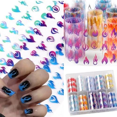 3D Flame Nail Sticker Laser Multicolor Blue Red Fire Nail Stickers Nail Art Transfer Foils Decals Design Nail Art Decorations