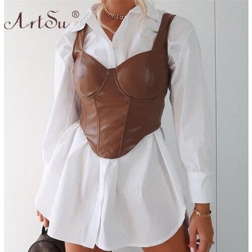 ArtSu Fashion Black PU Faux Leather Sexy Push Up Brown Corset Crop Top Winter Women Club Party Tank Top Slim Cropped Streetwear