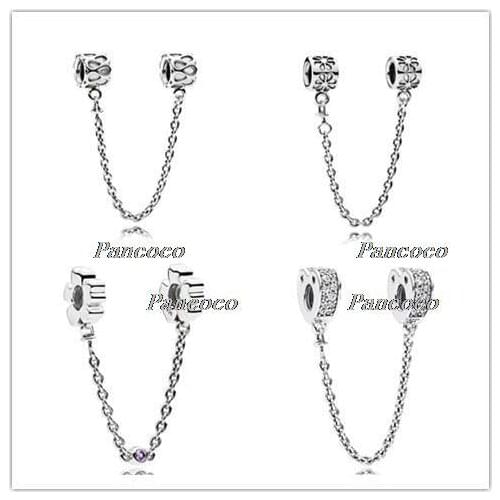 925 Sterling Silver Charm Wildflower Meadow With Purple Crystal Safety Chain Beads Fit Pandora Bracelet & Necklace DIY Jewelry