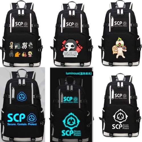 SCP Secure Contain Protect Backpack Black Bookbag Cartoon School Bags SCP luminous Travel Bagpack USB Laptop Shoulder Bags