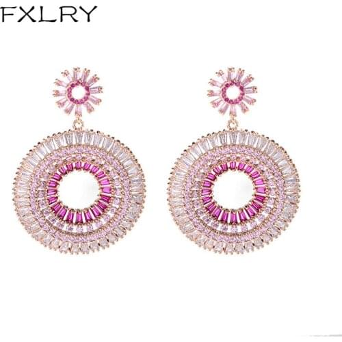FXLRY New Rainbow Hoop Geometric Earrings Elegant Gradient Pink Inlaid Zircon Earrings For Women Jewelry