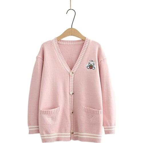 Pink Cartoon Rabbit Women Cardigans Jacquard Chic Knitted Sweaters 2021 Winter Warm V-neck Sweet Girly Kawaii Cute Outwear Coat