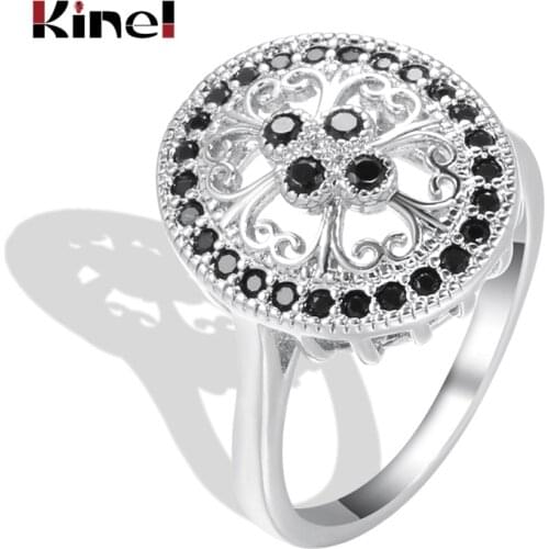 Kinel Luxury Wedding Oval Ring Tibetan Silver Micro Wax Inlay Natural Zircon Hollow Flower Rings Women Fashion Fine Jewelry
