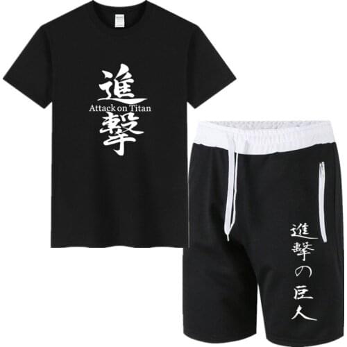 Summer Anime Attack On Titan Kyojin Print Two Piece Set Cotton Mens T-shirt Sports Streetwear Harajuku Sweatpants Shorts