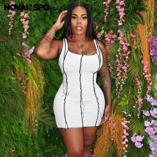 NOVAINSPO White Solid Low Cut Patchwork Sleeveless Camis Mini Dresses Women Summer Casual Street Skinny Outfits Light Dress Slim