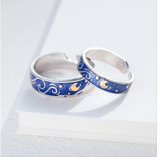 Simple and fashionable Van Gogh starry sky ring Korean version of personality couple ring ring trendy fashion Korean open ring
