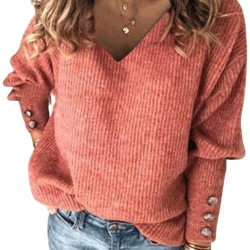 Ele-Choices Women Autumn Winter Knit Pullover Buttons Cuff Long Sleeve V Neck Ribbed Sweater