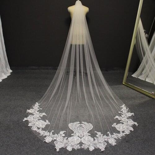 Real Photos Long Flower Lace Appliques Wedding Veil 1 Layer 3 Meters Ivory Bridal Veil with Comb Wedding Accessories
