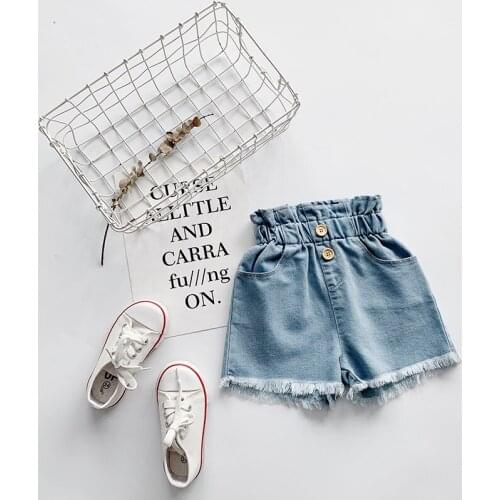 Infant Denim Shorts Toddler High Waist Frayed Raw Hem Pants with Pocket Decorative Button Summer Loose Shorts