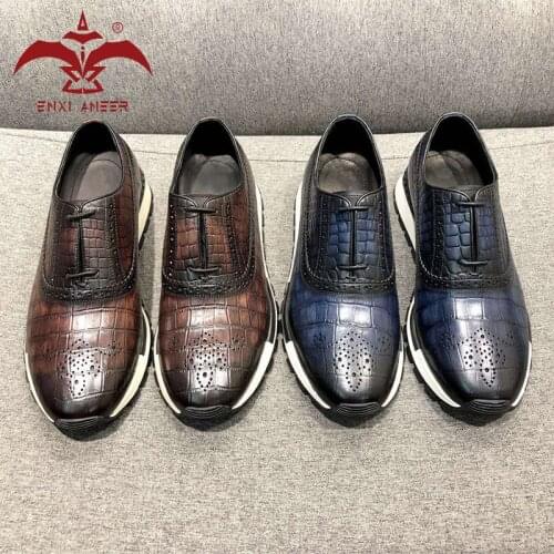 Fashion Guy ONLY! 100% Handmade Full Grain Leather Shoes Men/Lady Sneaker Casual Brogue Style Patina Brown Blue