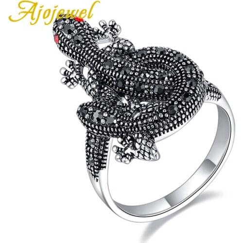 Ajojewel Brand Size 7-9 Vintage Lizard With Red Eyes Ring Cool Black Rhinestone Animal Jewelry Copper Alloy