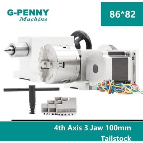 CNC Rotary Axis 100mm Chuck 3 Jaw 4 Jaw 4th Axis+Tailstock CNC Dividing head A axis of Rotation with CNC Nema34 Stepper Motor