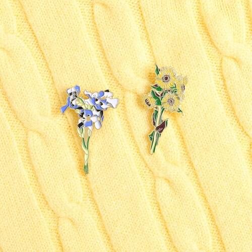 Custom Dried flowers Sunflowers Iris Enamel Pin Brooches Bag Clothes Lapel Pin Badge Plant Jewelry Gift for Lover for girlfriend
