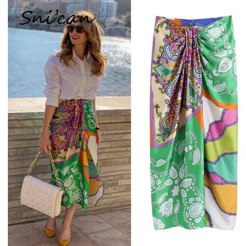 Split Knots Wrap Midi Skirt Za 2021 Women Paisley Print Oversize Casual Boho Faldas Mujer Summer Vintage Jupe Femme Long Skirts