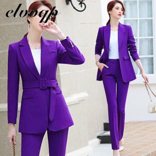 Vintage Spring Autumn Women Pant Suit Black Purple Notched Blazer Jacket & Pant 2020 Office Work Wear Women Suits Female Sets