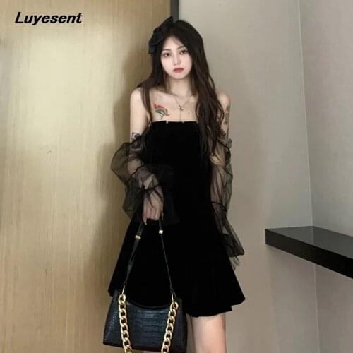 Women Black Gothic Elegant Velvet Mini Dress 2021 Summer Lady Mesh Splice Flare Sleeve Strapless Dresses Party Empire Streetwear