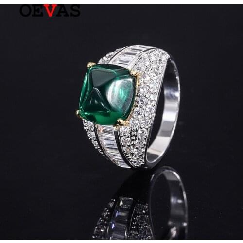 OEVAS 100% 925 Sterling Silver 10*10mm 5 Carat Sapphire Synthetic Emerald Rings For Women Sparkling Wedding Party Fine Jewelry