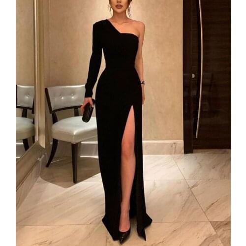 One Shoulder Satin Long Black Mermaid Evening Dresses with Slit Simple Design Abendkleider Robes de Soirée robe de soirée de mar