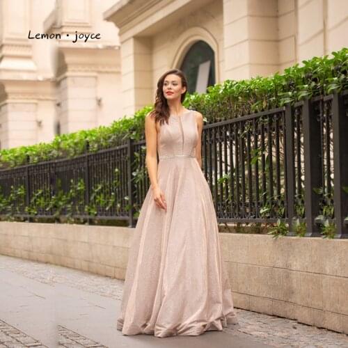 Lemon joyce Sexy Evening Dresses 2020 Elegant Scoop Neck Illusion Simple Backless A-line Prom Party Gowns Reflective Dress
