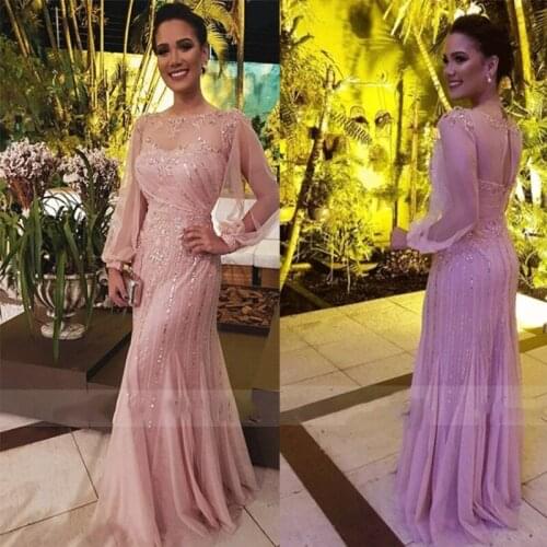 2021 New Design Custom Made Pink Mermaid Long Tulle Bubble Sleeves Women Evening Dress Prom Dresses Gowns