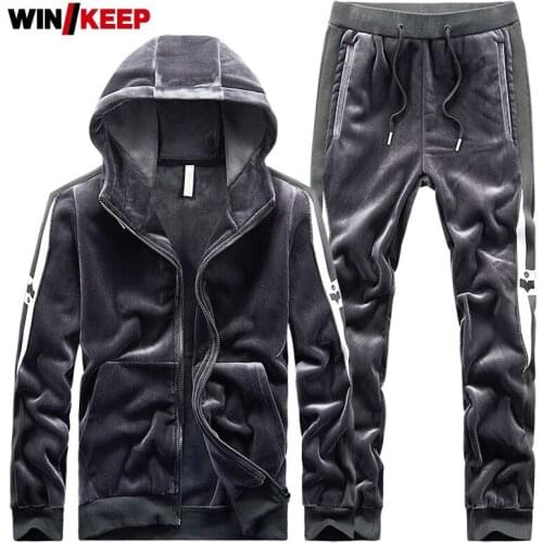 Winter Men Thickening Plush Casual Sport Suit Zipper Hooded Pockets Cardigan Jacket Running Sportswear Fitness Two Piece Sets