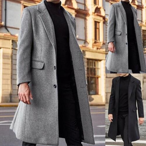 Winter Men Long Sleeve Buttons Jacket Overcoat Mid-length Trench Coat Jacket