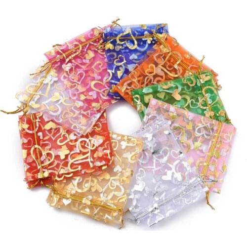 100pcs Heart Printed Organza Bags Rectangle Gift Bags For Candy Smaller jewelry Packaging Display Puches 12x10cm Mix Color