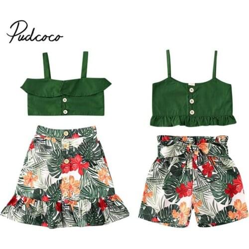2020 Princess Kids Baby Girl Clothes Set Summer Sling Vest Green Tops Flower Shorts/Dress 2pcs Holiday Floral Set