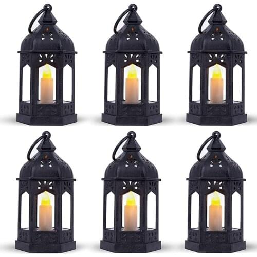 6Pcs Lantern with LED Candles,Vintage Black Decorative Hanging Candle Lanterns for Wedding Decorations,Christmas