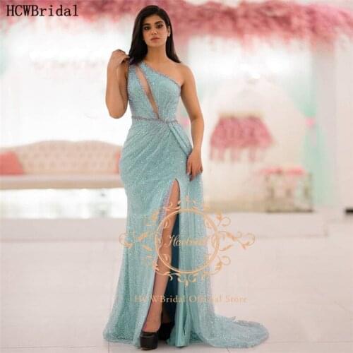 Shiny Mint Green Sequin Mermaid Evening Dress One Shoulder High Slit Crystal Sexy Prom Gown Plus Size Long Elegant Formal Dress