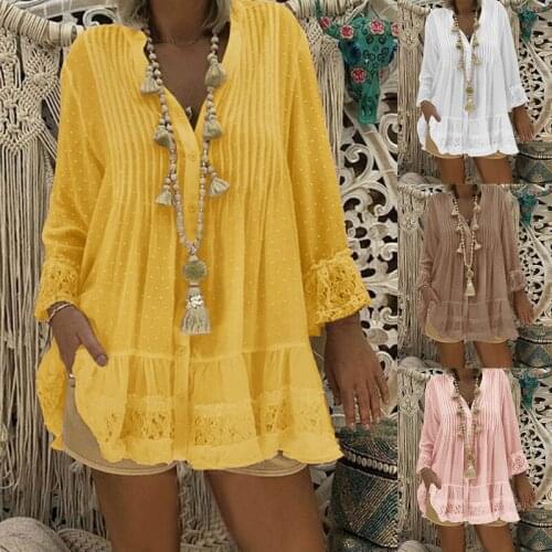 Women V Neck Chiffon Blouse Autumn Spring Long Sleeve Shirts Pleated Loose Polka Dot Solid Blouses Tops Vestido Plus Size