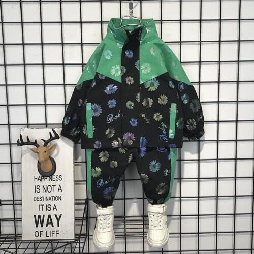 Childrens Spring Autumn Clothing Set Boy Handsome Flower Jackets Pants 2pcs Outfits Kids Fashion Sport Tracksuits