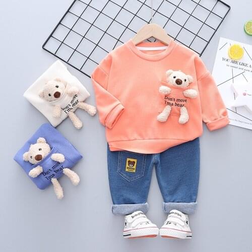 2021 Baby Boys/Girls Cartoon Bear Cotton Sweatshirt Long-Sleeves T-shirt+Jeans Clothes Set Children Spring Autumn Toddler Outfit