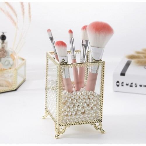 Geometric Glass Makeup Brush Box Holder Jewelry Box Pencil Bucket Makeup Organizer Desktop Cosmetic Storage Box One Pearl Barrel