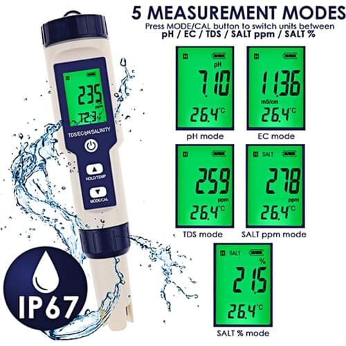 5 in 1 TDS/EC/PH/Salinity/Temperature Meter Digital Water Quality Monitor Salty Detector PH Tester for Drinking Water Aquariums