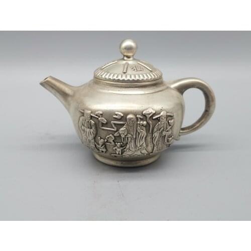 Collect Chinese Tibet Silver carvingLuckyThe Old Gods Fu Lu Shou The Teapot Metal Crafts Home Decorationng