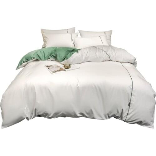 100% Cotton Bedding Set Satin 4 Piece Home Hotel Bed Sheets White Green Solid Color Reversible Duvet Cover Pillowcase Queen King