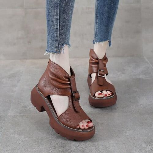 Leather Roman Sandals Womens Flat Bottom 2021 Summer New Thick Bottom Mid-heel Retro Ethnic Style High Fish Mouth Shoes