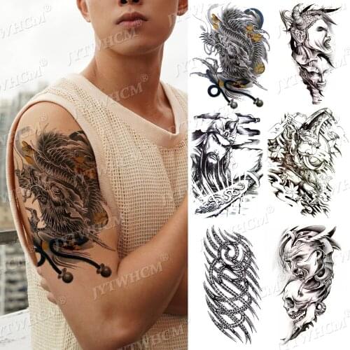 Black Dragon Male Tattoo Stickers Waterproof Temporary Tattoo Big Muscle Tattoo Drawstring 3D Special Effects Body Art Sleeves