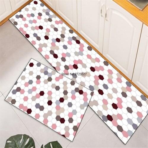 Pink White Gray Geometric Plaid Non-slip Mat Kitchen Floor Flannel Washable Carpet Entrance Hall Lovely Long Bedroom Floor Mat